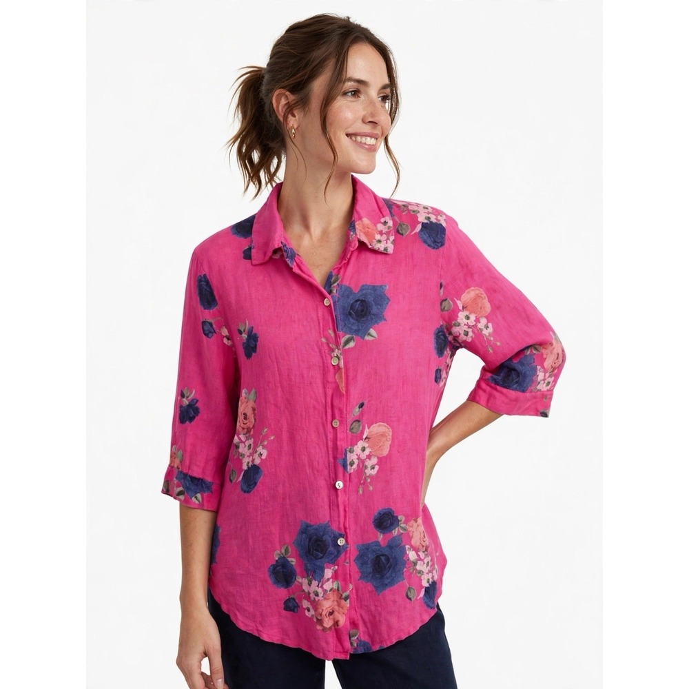 New Collection Linen Top One Size Pink Floral 34 Sleeve Boho Resort